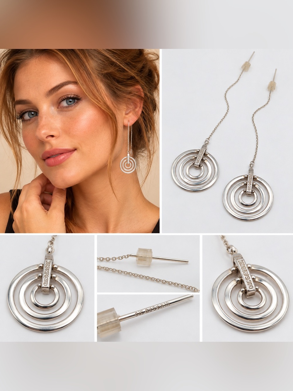 Joseph Esposito 925 Sterling Silver Concentric Circle Threader Drop Earrings